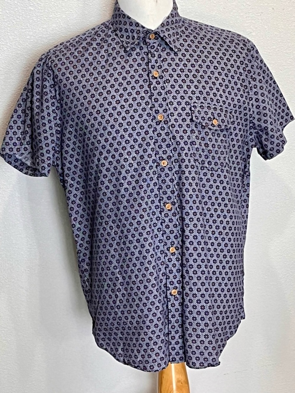 J.Crew Men’s Geometric Tile Short Sleeve Button Down Shirt L | Blue/Cotton Boho